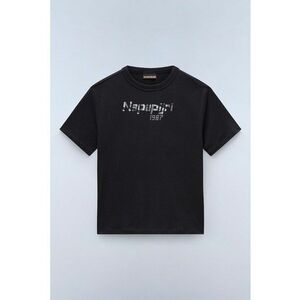 Tricou cu imprimeu logo si decolteu la baza gatului - Negru/Maro taupe imagine