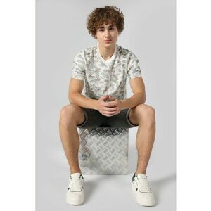 Tricou cu decolteu la baza gatului si model grafic - Alb/Maro/Bleumarin imagine