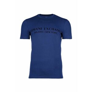 Tricou de bumbac cu decolteu la baza gatului si imprimeu logo - Albastru indigo imagine