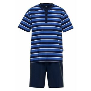 Pijama cu pantaloni scurti - model in dungi si decolteu Henley - Albastru imagine