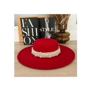 Palarie dama - rosie - stil canotiera - cu bor lat - handmade - cu accesoriu detasabil din perle - Gretha imagine