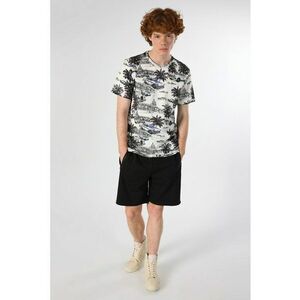 Tricou cu decolteu la baza gatului si model - Albastru pastel/Negru/Alb murdar imagine