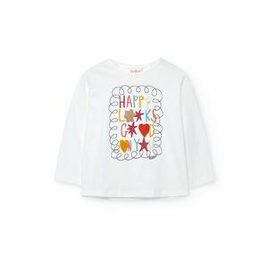 Bluza cu imprimeu text pe partea din fata si decolteu la baza gatului - Rosu/Alb/Galben imagine