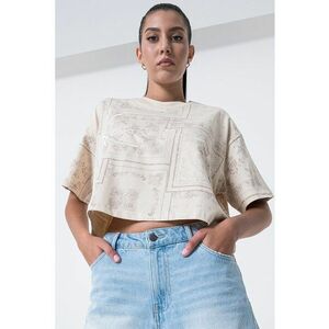 Tricou crop cu logo brodat - Bej/Maro nisip imagine
