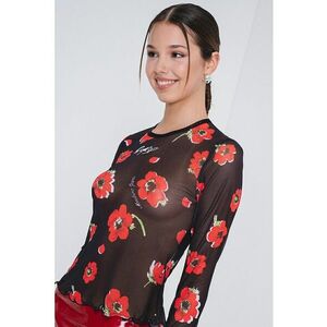 Bluza semitransparenta cu imprimeu floral - Rosu/Negru imagine