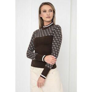 Pulover cu guler scurt si garnitura cu model - Alb/Maro inchis imagine