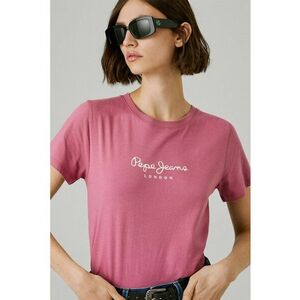 Tricou din bumbac cu decolteu la baza gatului si detaliu cu logo pe piept - Roz prafuit imagine