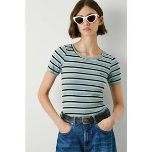 Tricou cu model in dungi si decolteu rotund - Alb/Negru/Turcoaz imagine