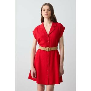 Rochie din amestec de in cu croiala in A si curea in talie - Rosu vermillion imagine