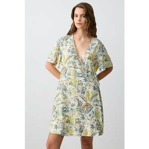 Rochie din amestec de in cu decolteu in V - model drapat si floral - Alb/Verde deschis imagine