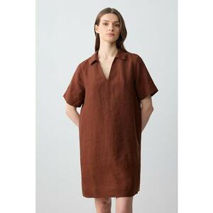 Rochie scurta dreapta de in - Maro cognac imagine
