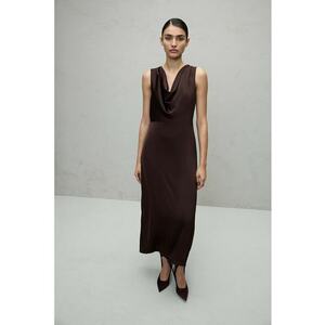 Rochie din satin cu decolteu drapat - Maro imagine