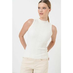 Top elastic din tricot cu guler scurt - Crem imagine