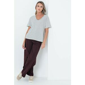 Tricou lejer din amestec de in cu model in dungi si decolteu in V - Negru/Alb murdar imagine