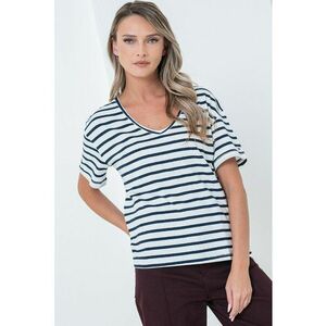 Tricou lejer din amestec de in cu model in dungi si decolteu in V - Alb murdar/Bleumarin imagine