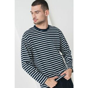 Bluza din amestec de bumbac organic cu model in dungi - Alb/Albastru ultramarin imagine