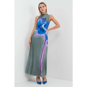 Rochie maxi cu model floral si decolteu cu panglica Lorena - Verde/Bleumarin imagine