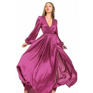 Rochie maxi evazata cu slit si model petrecut - Roz zmeuriu imagine