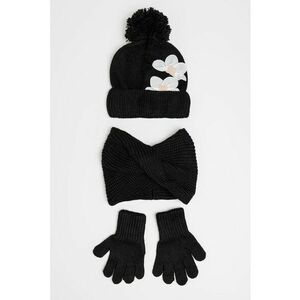 Set de fular circular - caciula cu ciucuri si manusir - 3 piese - Negru imagine