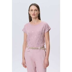 Tricou cu decolteu rotund si model floral - Lila imagine