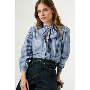 Camasa cu model in dungi si guler cu funda din panglici - Alb/Albastru lavanda imagine