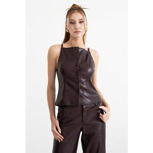 Bluza de piele ecologica cu nasturi decorativi - fara maneci - Visiniu imagine