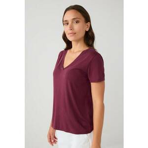 Tricou din amestec de modal cu decolteu in V - Visiniu imagine