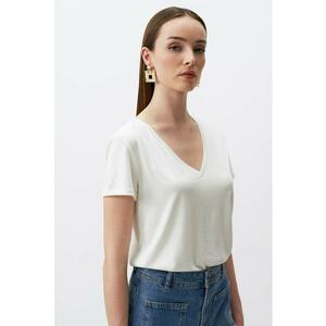 Tricou din amestec de modal cu decolteu in V - Alb murdar imagine