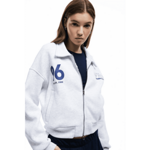 Bluza crop de trening cu fermoar si imprimeu pe spate - Albastru inchis/Gri deschis melange imagine