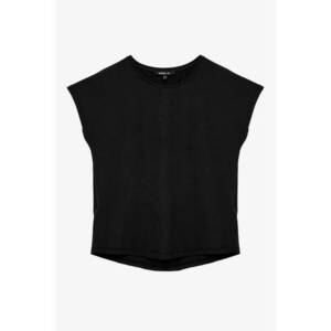 Tricou cu decolteu la baza gatului si model uni - Negru imagine