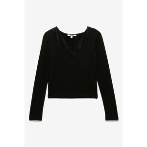 Bluza cu insertii din dantela si decolteu in V - Negru imagine