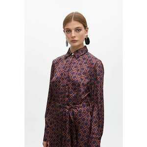 Rochie-camasa de satin cu slit lateral - Maro scortisoara/Albastru indigo imagine