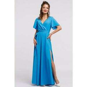 Rochie lunga evazata cu slit lateral la terminatie - Albastru azur imagine
