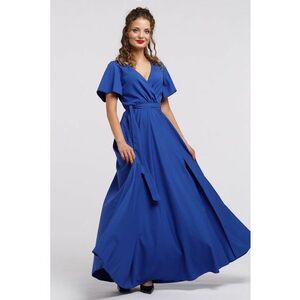 Rochie lunga evazata cu slit lateral la terminatie - Albastru royal imagine