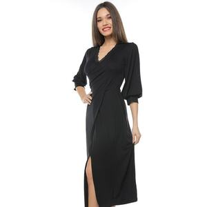 Rochie midi cu decolteu in V si slit frontal - Negru imagine