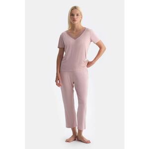 Pijama slim fit cu model uni - Roz prafuit imagine