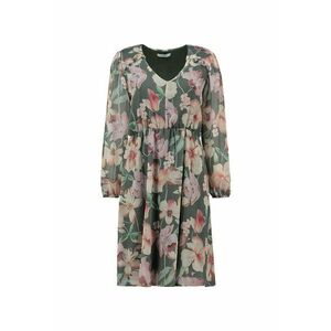 Rochie midi cu decolteu rotund si model floral - Roz pastel/Piersica/Verde feriga imagine