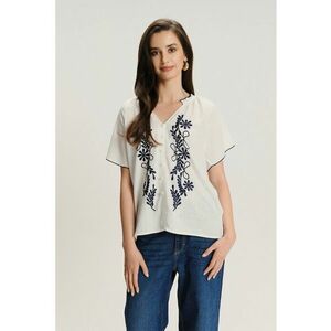 Bluza cu flori brodate si nasturi - Alb fildes/Albastru ultramarin imagine