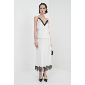 Fusta midi cu aspect de satin si terminatie cu dantela - Alb fildes/Negru imagine