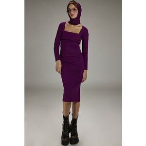 Rochie midi din amestec de in cu decolteu patrat - Violet imagine