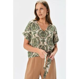 Bluza cu guler tunica si motive orientale - Alb/Verde englez/Roz prafuit imagine