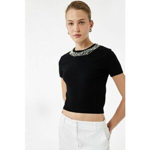 Tricou crop din tricot cu decolteu decorativ - Negru/Argintiu imagine