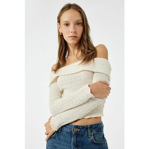 Bluza texturata crop cu decolteu pe umeri - Alb murdar imagine