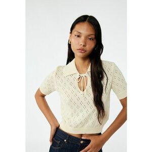 Bluza crop din tricot cu perforatii si maneci scurte - Crem imagine