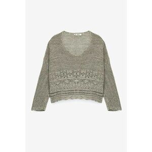 Pulover tricotat cu perforatii si decolteu in V - Kaki imagine