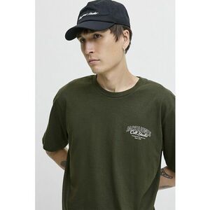 Tricou de bumbac cu imprimeu si decolteu la baza gatului - Verde/Kaki inchis imagine