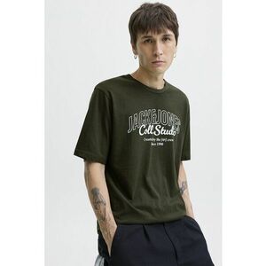 Tricou de bumbac cu imprimeu si decolteu la baza gatului - Kaki inchis imagine