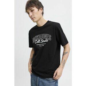 Tricou de bumbac cu imprimeu si decolteu la baza gatului - Negru imagine
