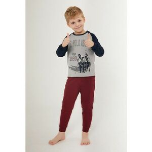 Pijama cu pantaloni lungi si model colorblock - Visiniu/Albastru ultramarin/Gri melange imagine