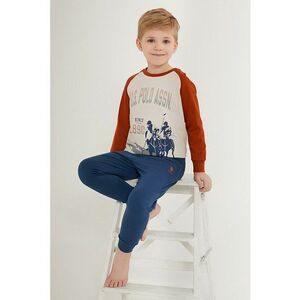 Pijama cu pantaloni lungi si model colorblock - Bej/Caramiziu/Bleumarin imagine